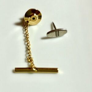Vintage Silvertone 1/2” Oval Tie Tack with 1 1/2” Goldtone Chain and 1” Bar